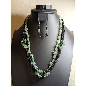 Lot of Two Vintage Green, Black & Gold Tone Beaded Necklaces & Matching Earrings